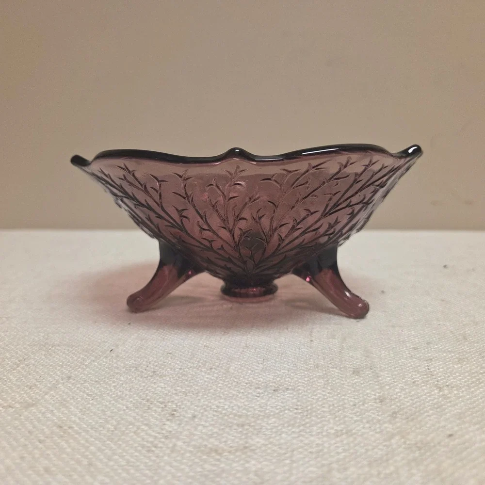 Fenton Amethyst Purple Glass Footed Nut Bowl Scalloped Etched Branch Candy Dish